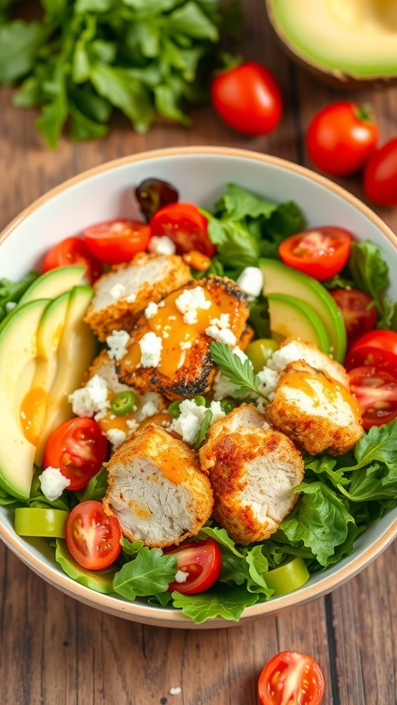 A colorful chicken bowl with crispy chicken, mixed greens, cherry tomatoes, cucumber, avocado, and feta cheese.